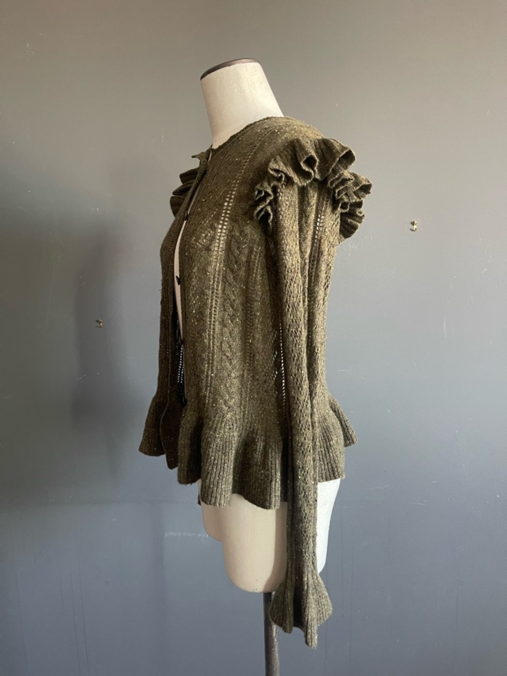 Ulla Johnson Cashmere Cardigan Ruffle Peplum Olive Boho Cozy Feminine Organic - Picture 4 of 9